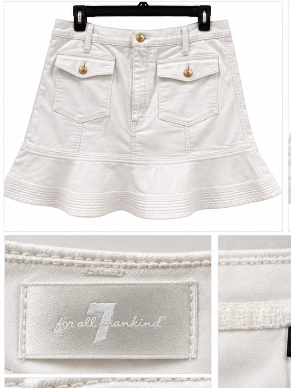 7 For All Mankind Flounce White Denim Skirt Gold Buttons Sz 33 $198